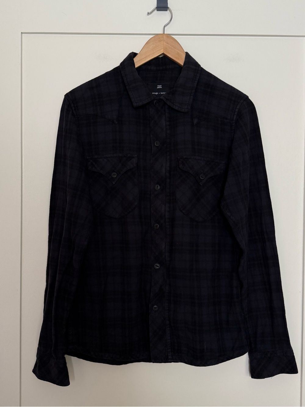 Wings + Horns Flannel Shirt Mens Sz S Navy Plaid Zip Up Long Sleeve Canada